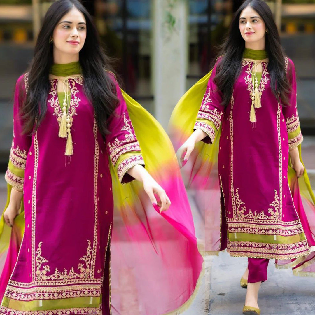 Embroidered Lawn 3 Piece Unstitched Shirt With Chiffon Dye N Dye Dupatta-5023