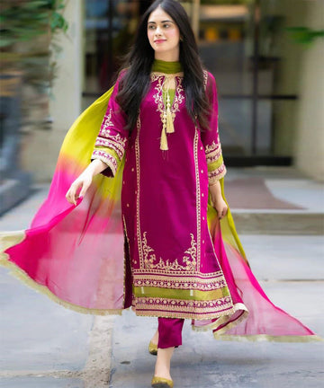 Embroidered Lawn 3 Piece Unstitched Shirt With Chiffon Dye N Dye Dupatta-5023
