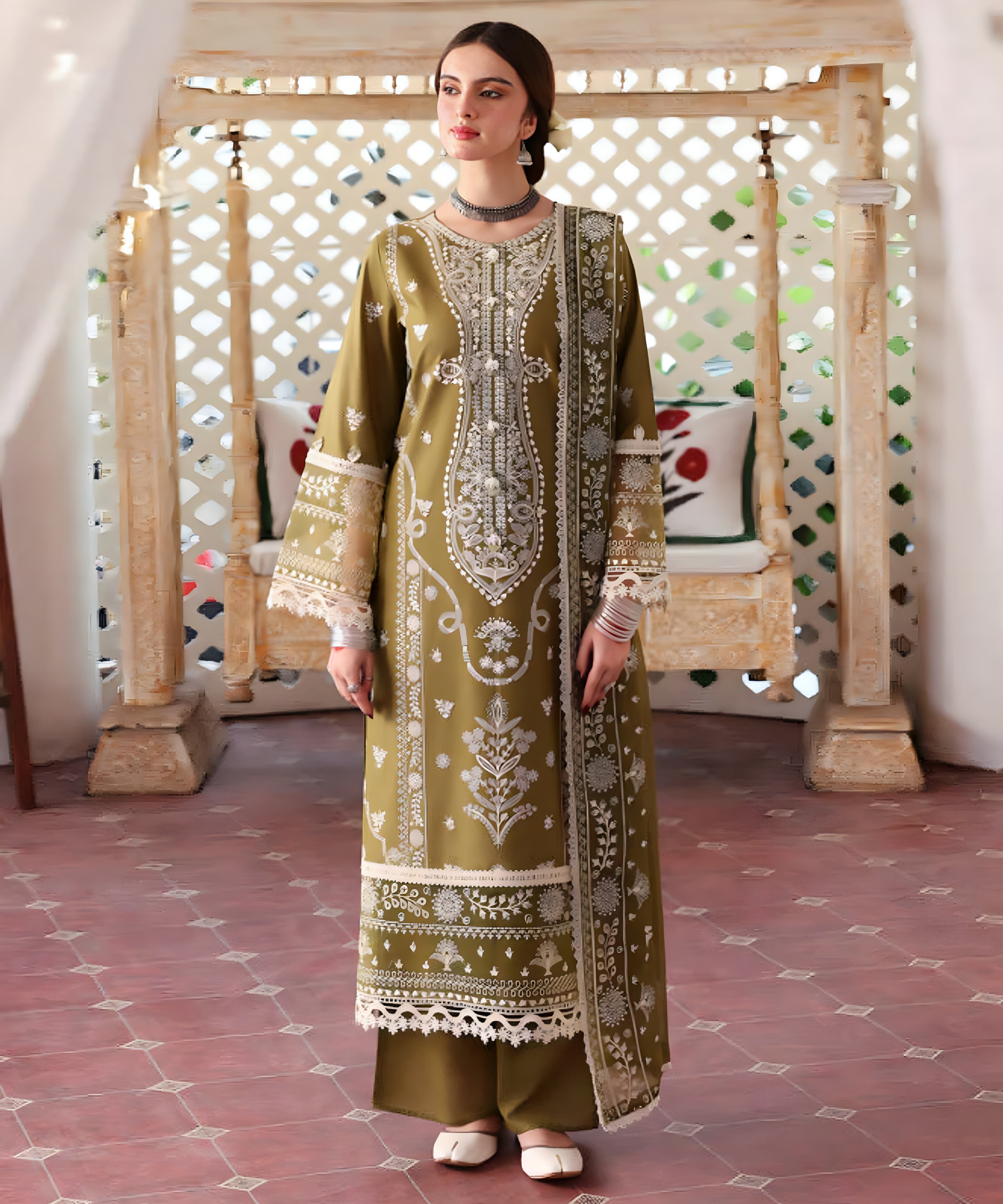 Embroidered Lawn 3 Piece Unstitched Shirt With Organza Embroidered Dupatta-5211