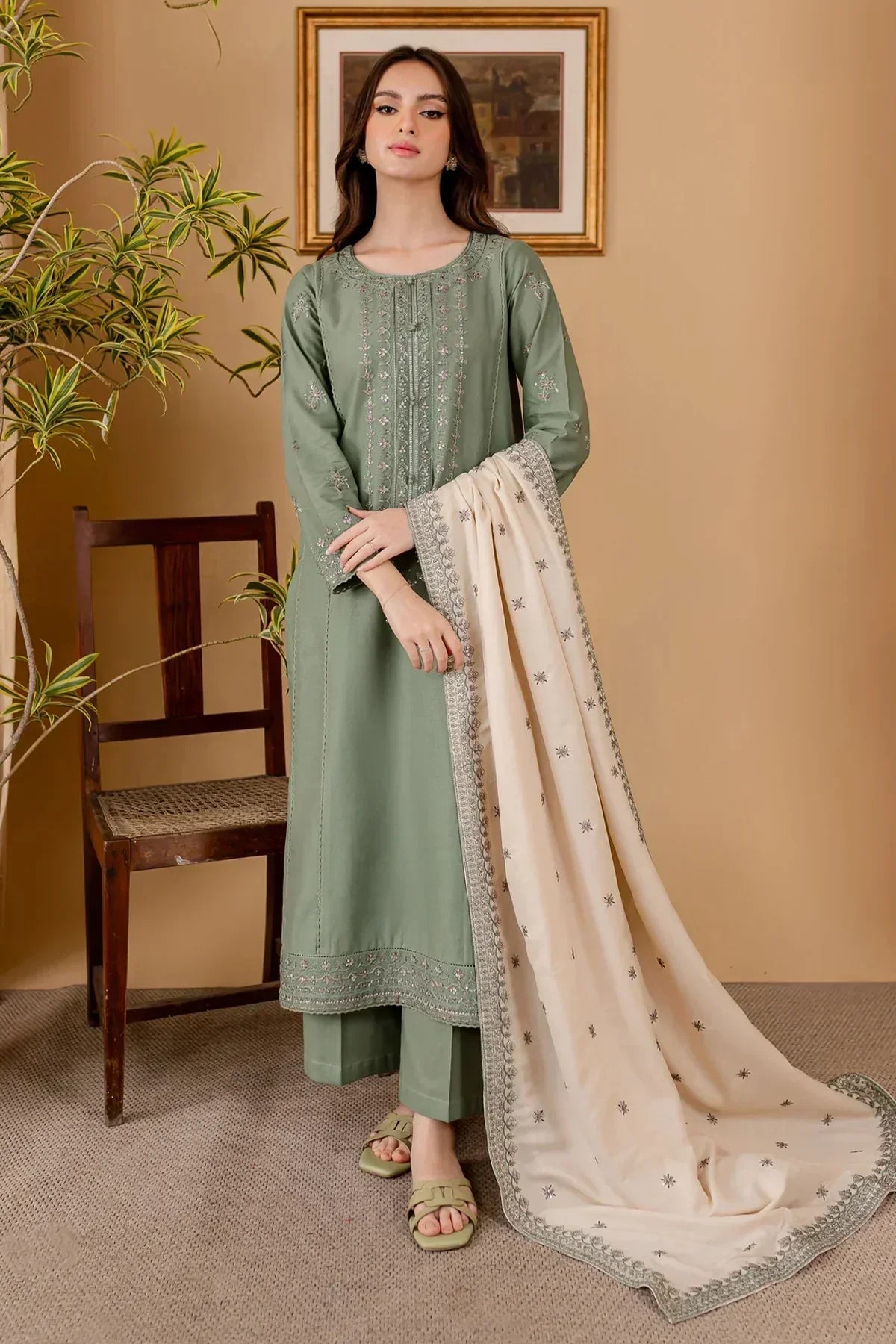Embroidered Lawn 3 Piece Unstitched Shirt With Lawn Embroidered Dupatta-5029
