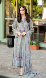 Embroidered Lawn 3 Piece Unstitched Shirt with Chiffon Embroidered Dupatta-5155