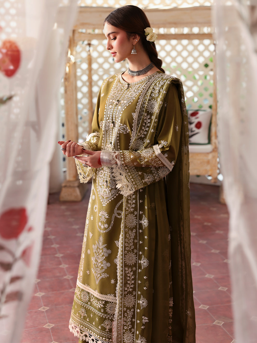 Embroidered Lawn 3 Piece Unstitched Shirt With Organza Embroidered Dupatta-5211